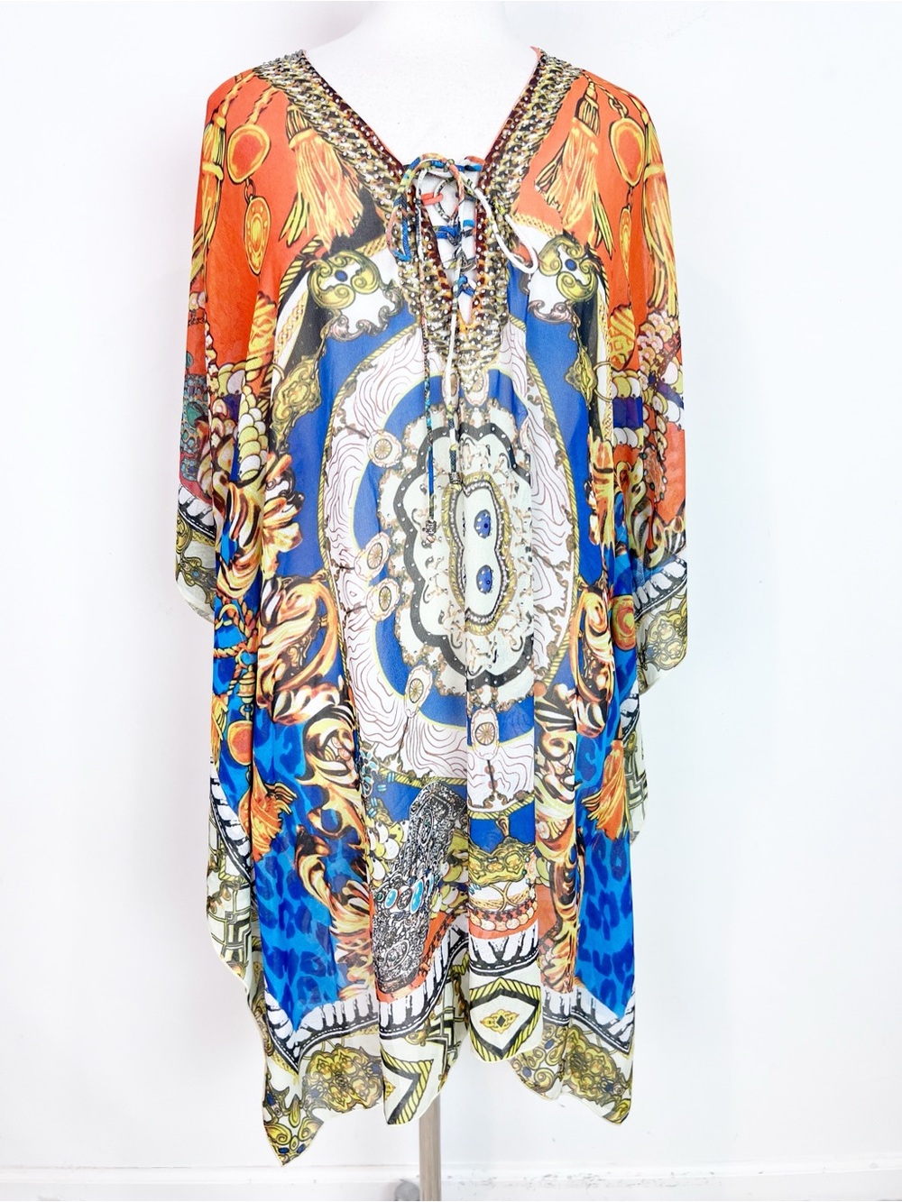 BOSTON PROPER ORANGE BLUE YELLOW FLOWY BOHO COVER UP DRESS SZ MEDIUM LARGE